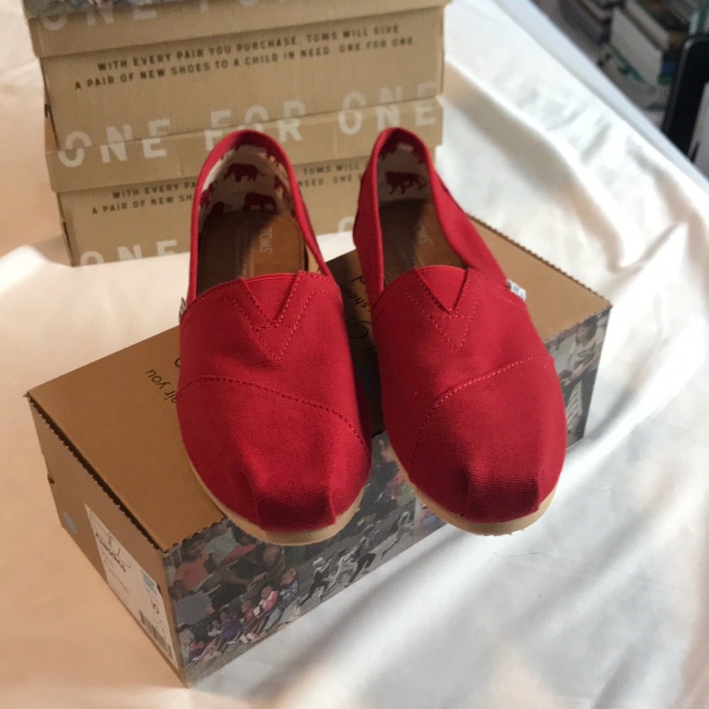 TOMS Classics Red Canvas Slip Ons — Size 10